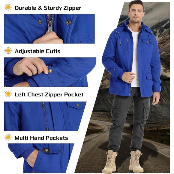 Mens Royal Blue Thick Winter Jacket Hooded Fleece Lined Cotton Military Coat - Picture 4 of 6